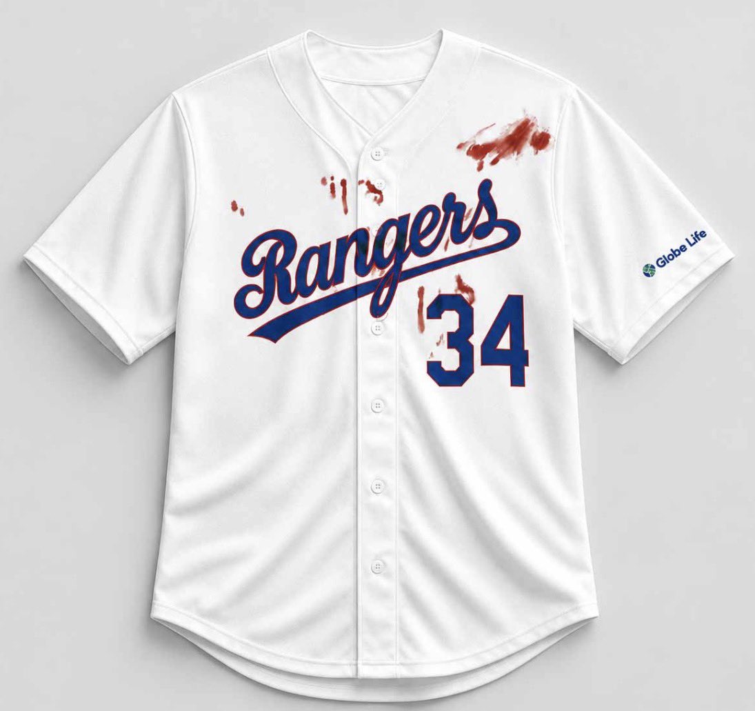 TrueTXan's tweet photo. Headed to the @Rangers game tonight for the Best promotional giveaway I’ve ever seen! 

Nolan Ryan Bloody Lip Jersey 💪 #AllForTX https://t.co/1mK287ZoQu