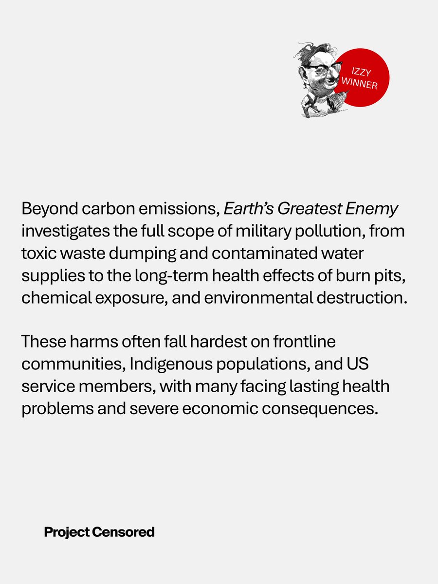 ProjectCensored's tweet photo. Congratulations to Abby Martin (@fababs), who was honored last month with a 2026 Izzy Award for her outstanding documentary, Earth's Greatest Enemy.