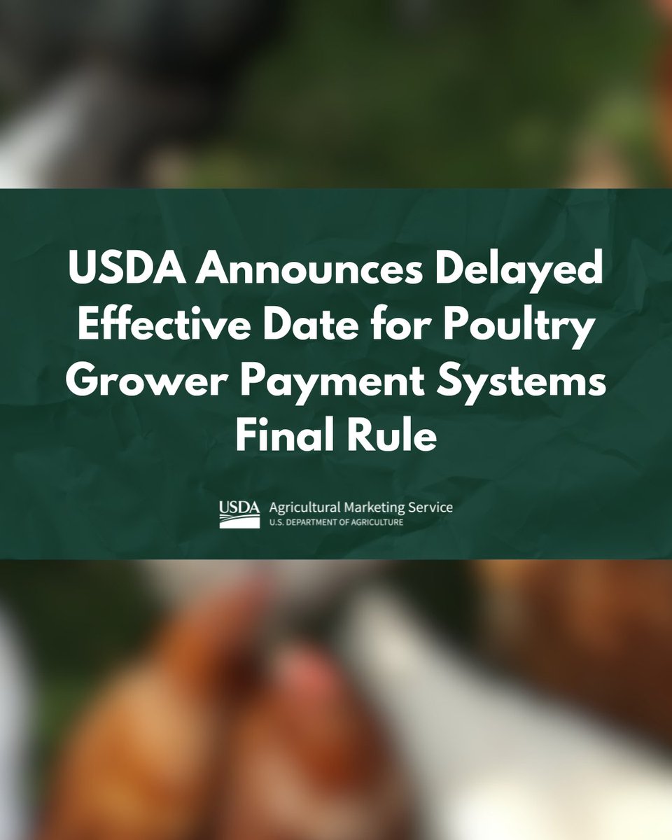 USDA_AMS's tweet photo. USDA announced it has delayed the effective date of the Poultry Grower Payment Systems and Capital Improvement Systems final rule from July 1, 2026, to Dec. 31, 2027. 

https://t.co/AnPcMuztqB https://t.co/WkzhztC6wn