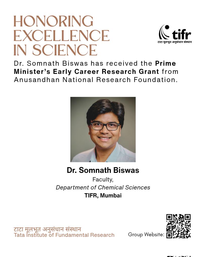 TIFRScience's tweet photo. Dr. Somnath Biswas (Dept of Chemical Sciences, TIFR, Mumbai) has received the Prime Minister’s Early Career Research Grant by @ANRF_India.

His research on coherent wavepacket spectroscopy aims to decode how electronic & structural dynamics govern properties and function in quantum & energy materials.

More about his group's work: https://t.co/rA9xCEK8e6

#TIFR #ANRF #PMECRG #PhysicalChemistry #QuantumMaterials 
#Spectroscopy
#UltrafastScience
#EarlyCareerResearch
