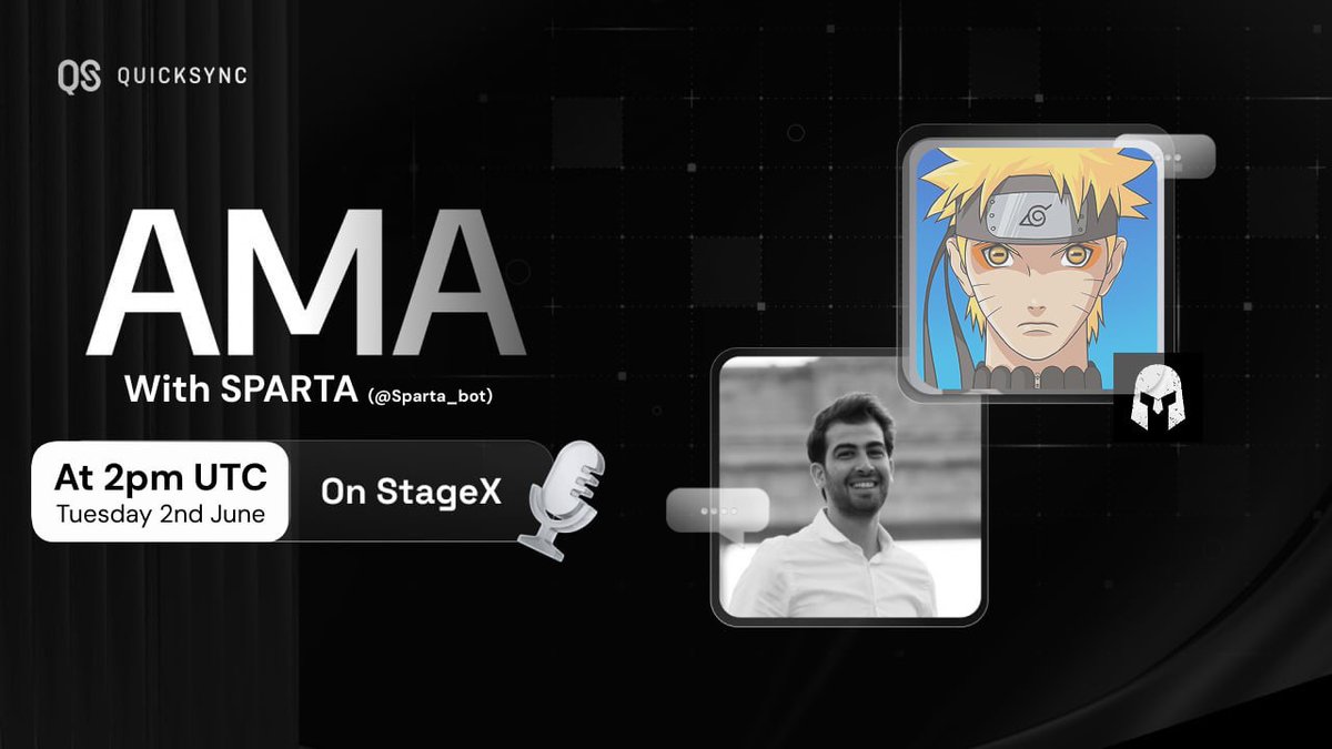 PROOFplatform's tweet photo. Looking forward to this one.

@Quick_Sync will be hosting $Sparta founder @Jur0xx for an AMA on StageX to discuss Sparta’s tech, utility, and upcoming launch with PROOF. 

Tuesday, June 2nd at 2pm UTC on StageX.

Don't miss it! 🎙️

🔗https://t.co/LLbFccl6vQ https://t.co/py48sSiU1O
