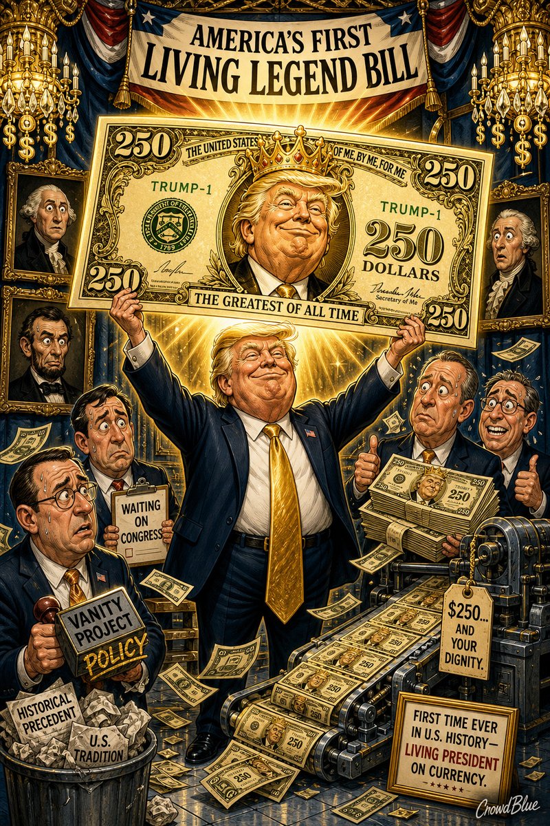 CrowdBlueHQ's tweet photo. The Treasury Department is reportedly ready to print $250 bills featuring Trump's face, just waiting on Congress to say go.

Putting a living president on the currency is something the U.S. has never done. We just needed the right guy shameless enough to try.

🔗 https://t.co/4YkqCm8Rfl