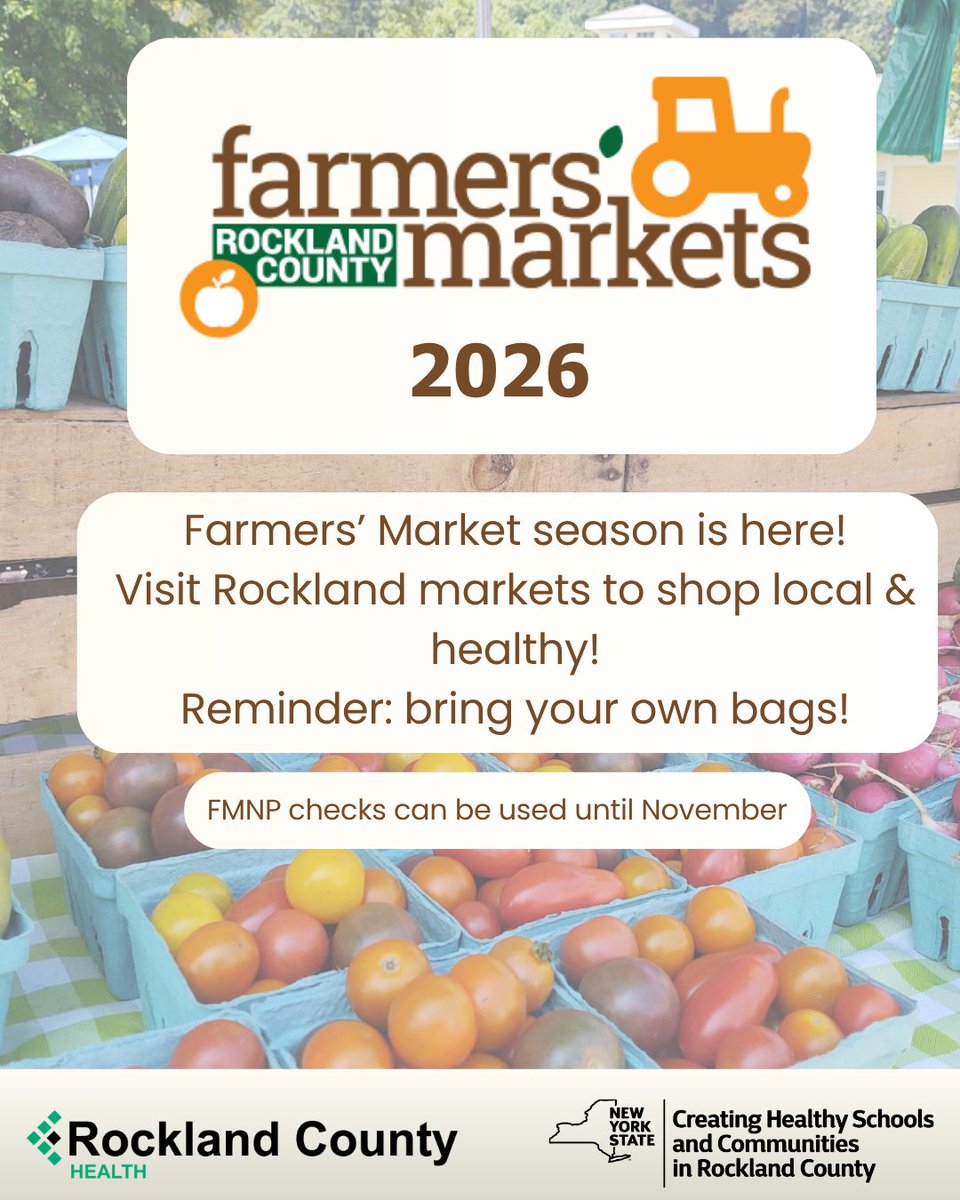 rockhealth's tweet photo. Fresh, local food is back! 🍓🌽🥬
Farmers' market season is here in Rockland County. Use FMNP checks to buy fresh fruits and veggies at local markets. Find a market: https://t.co/P1TDdvm51Z
Eat fresh. Shop local. 💚 https://t.co/yddnlxveCb