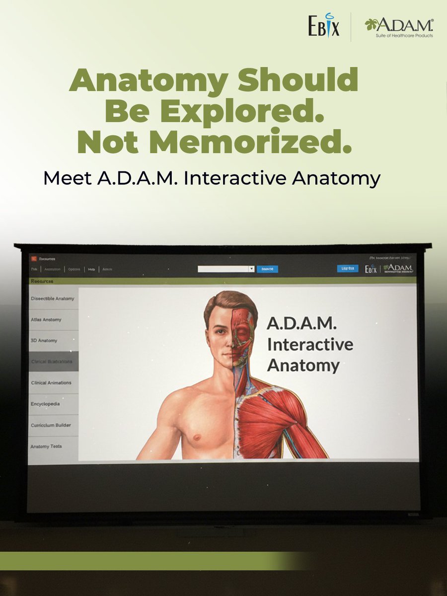 ADAM_Health's tweet photo. A.D.A.M. Interactive Anatomy Online lets students study the human body layer by layer with detailed illustrations, 3D models, and clinical animations that bring anatomy to life.
Explore A.D.A.M. Interactive Anatomy Online: https://t.co/Hu7c13rxEG https://t.co/A20gxwyfF3