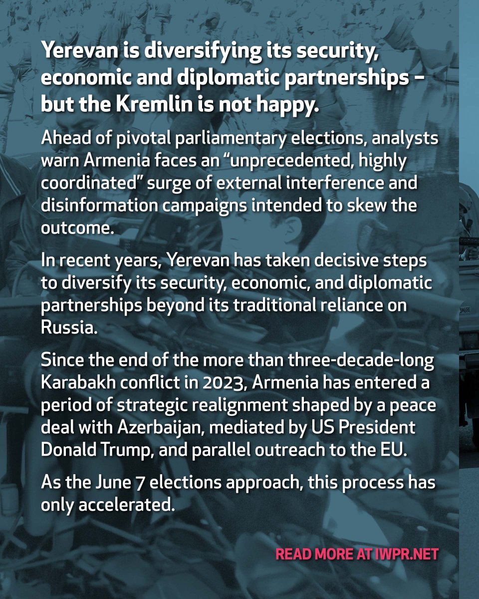 IWPR's tweet photo. Russian Pressure Rises Ahead of Polls 
Analysis by IWPR's Beka Bajelidze @bekabaj. 
#Armenia #Elections #Disinformation
