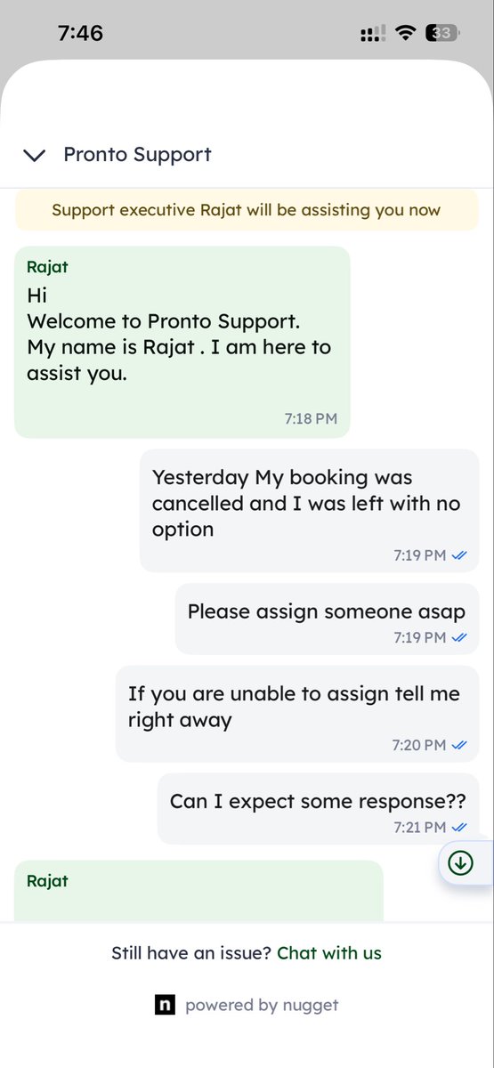 _singhbhaskar's tweet photo. @GoI_MeitY @jagograhakjago I booked Pronto twice, days in advance both times. Result both times 1+ hour wait, a one-line apology, chat closed. Zero accountability. If you're thinking of booking them, know what you're signing up for. Still waiting on an explanation @anjalisardana https://t.co/xTUyzkLTEW