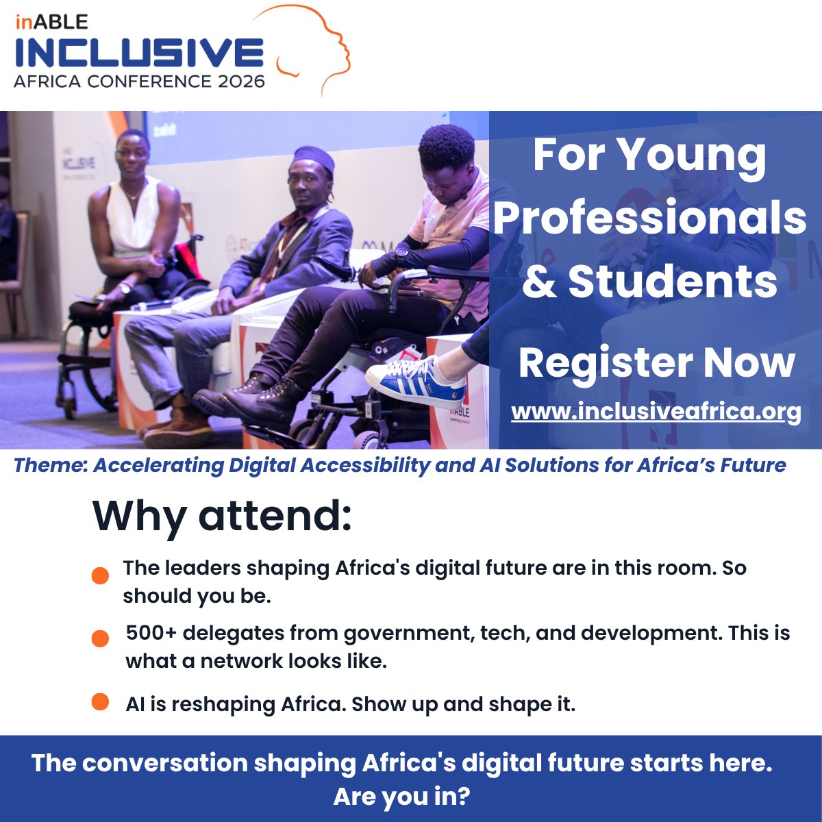 inABLEorg's tweet photo. Africa's digital future is being decided. 

This June, be in the room. By 2050, Africa's youth population will be over 830 million (https://t.co/on4rSoICEL) the largest in the world. The digital economy being built today will either include them or leave them behind.

#IAC2026 brings together the innovators, policymakers, and tech leaders building an accessible, AI-powered Africa, and the youth have a seat at the table.

2 – 4 June 2026 · JW Marriott, Nairobi 

Register now at  https://t.co/Leu03PoeXS

#InclusiveAfrica2026 #IAC2026