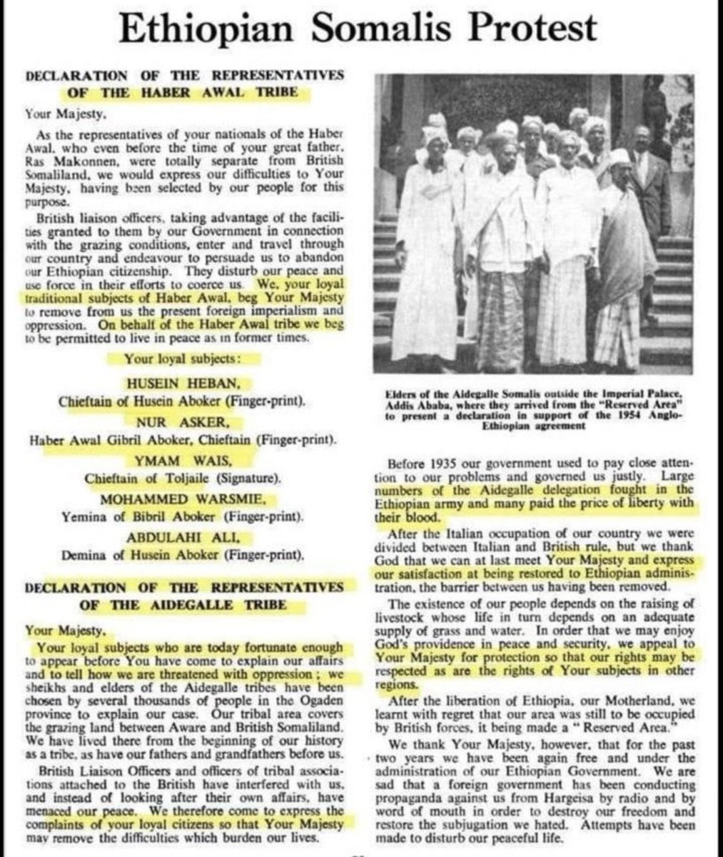 YassSomali's tweet photo. ✍🏾⚡️In 1935, after the British Empire defeated the Dervish forces, a delegation of “#Isaaq subjects” approached the Ethiopian Ruler, Your Majesty, expressing their loyalty and seeking protection.

History has a tendency to repeat itself. https://t.co/cfObmhfhg4