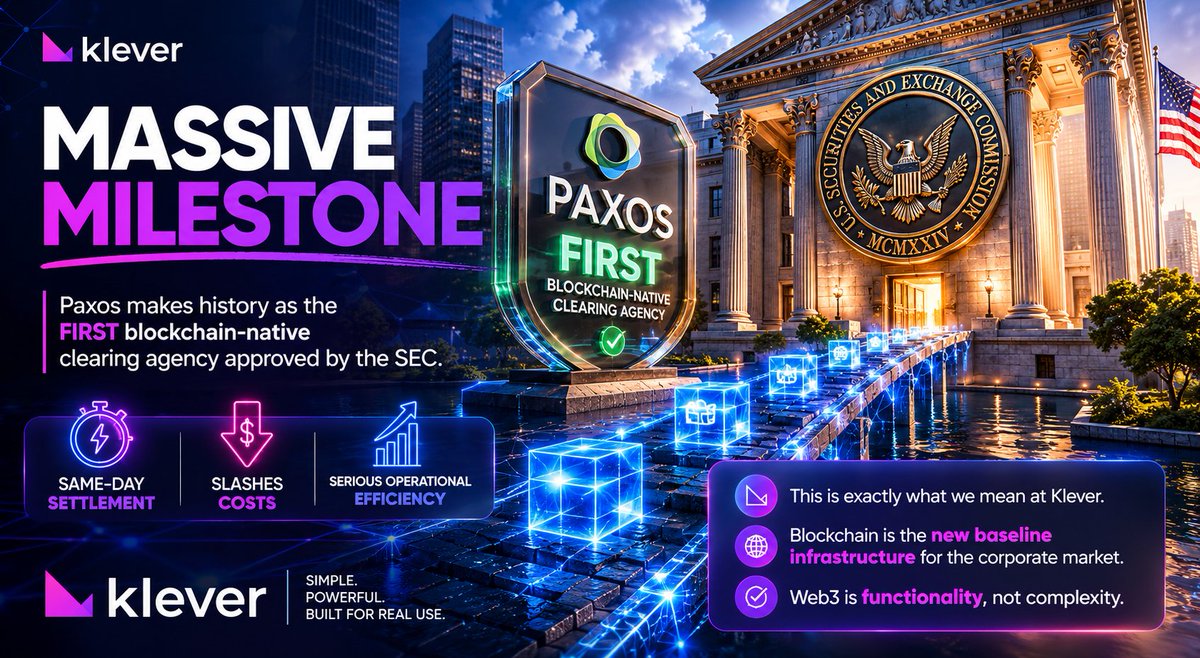 duukaa's tweet photo. Massive milestone for the industry! 🏗️ @Paxos  just made history as the FIRST blockchain-native clearing agency approved by the SEC.

After 7 years of hard work, they’ve proven that blockchain infrastructure delivers same-day settlement, slashes costs, and brings serious operational efficiency to the market.

This is exactly what we mean at @klever_org   is the new baseline infrastructure for the corporate market. Web3 is functionality, not complexity.

Dive into the full details of this historic breakthrough here: https://t.co/ZTEfJ9z2d8

#Paxos #BlockchainInfrastructure #TradFi #RWA #BuildOnKlever