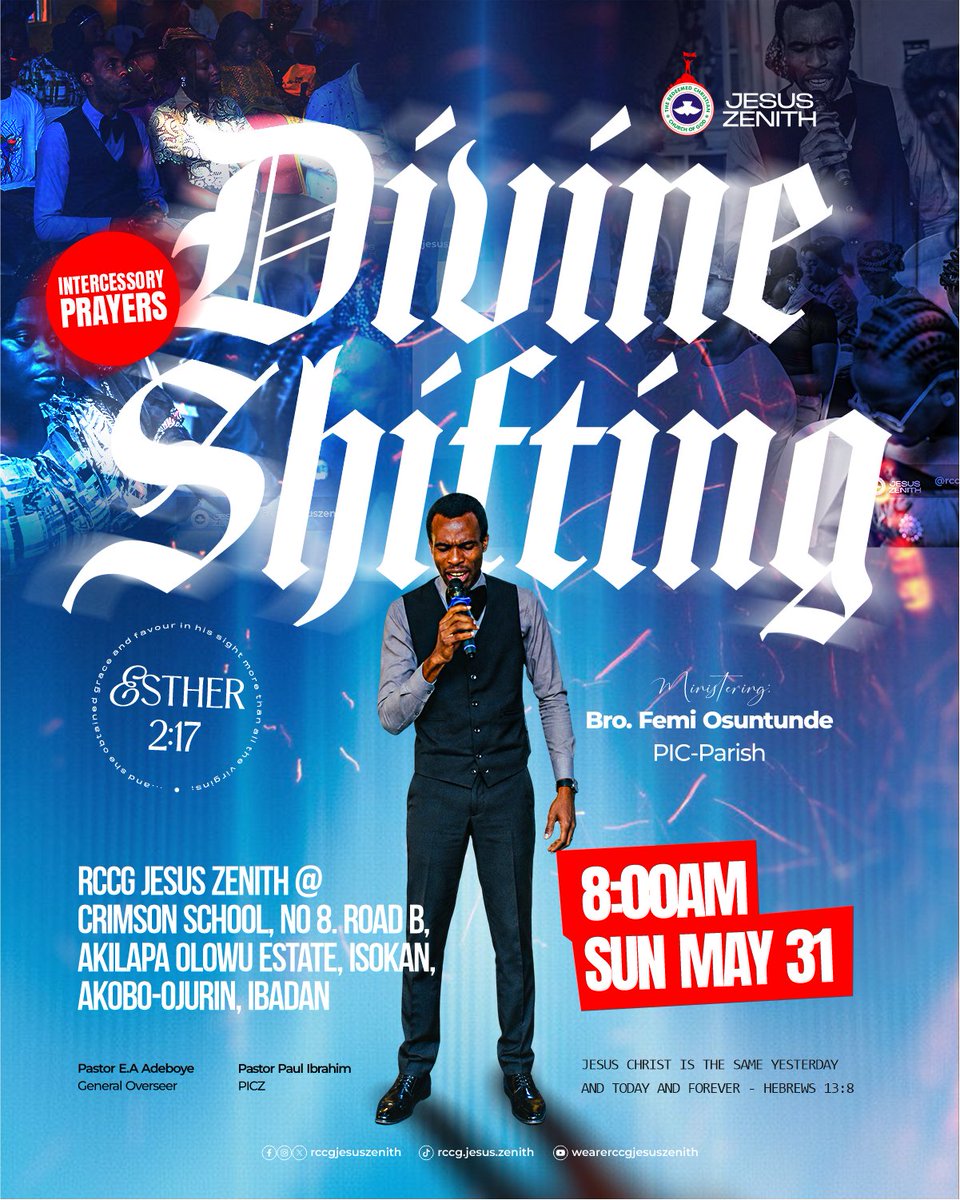 RCCGJesusZenith's tweet photo. Join us this Sunday for a powerful time in God’s presence as we experience divine alignment and supernatural shifting.  

🕗 8:00 AM 

Invite someone and come expectant.  

#SundayService #DivineShifting #TheWordWorks #RCCG #RCCGJesusZenith https://t.co/LBkGDNWBTr