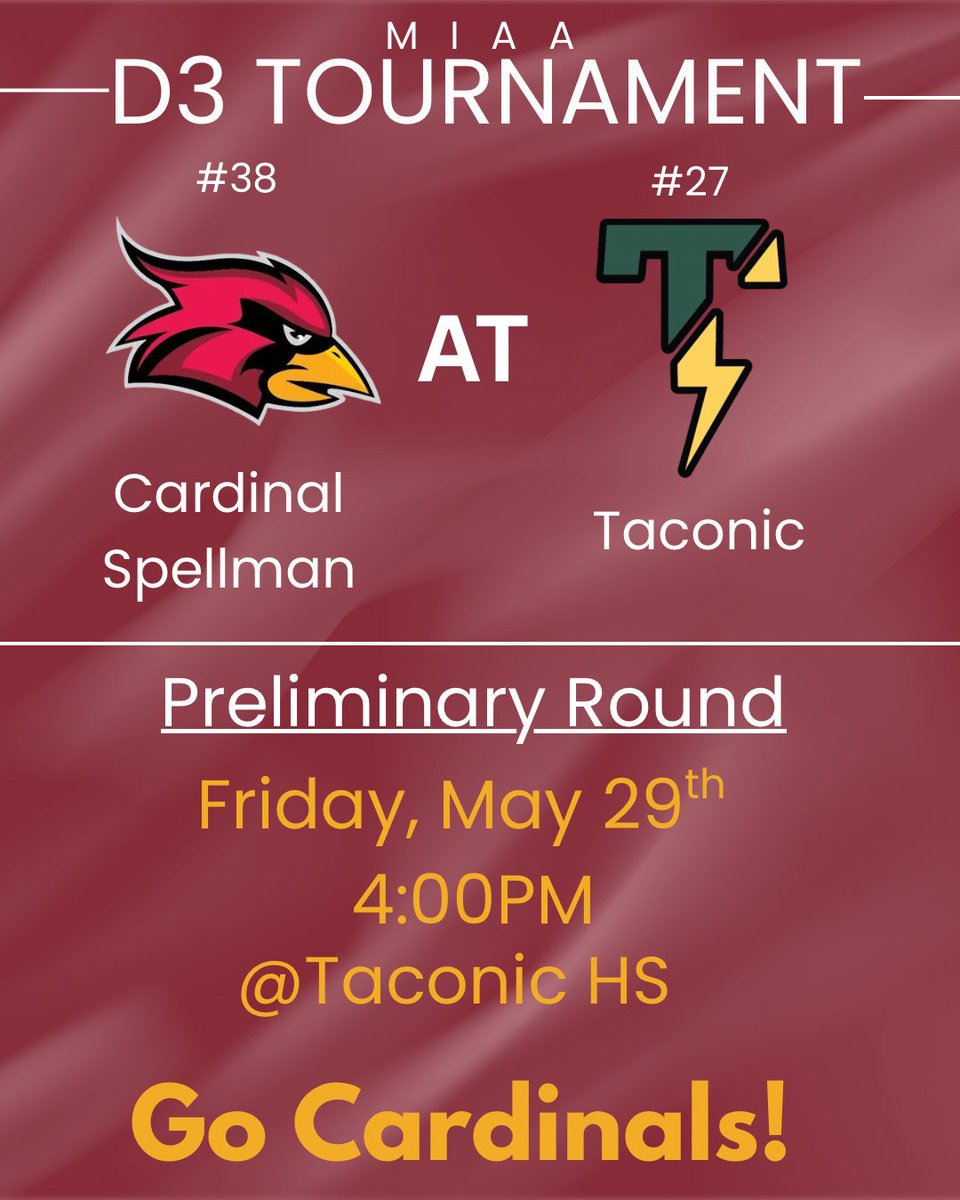 BaseballCCL's tweet photo. ‼️D3 State Tournament‼️

@TheSpellman_9 takes on Taconic at Taconic High School in the preliminary round! 

Good luck Cardinals!🔥🔥 https://t.co/kUlNK9XoeG
