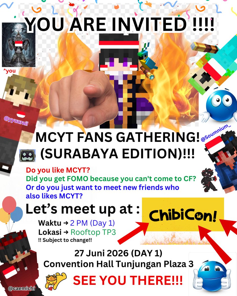 caemichi's tweet photo. ⚠️ HELLO SURABAYA MCYT FANS ⚠️ 

Did you have FOMO because you couldn't attend last comifuro? Well look no further! We, surabayans will have a fan gathering for all MCYT fans in Indonesia soon! We'll see you guys at day 1 Chibicon X!!

#chibiconx #mcyt #fomocf https://t.co/zKkGc1dokW