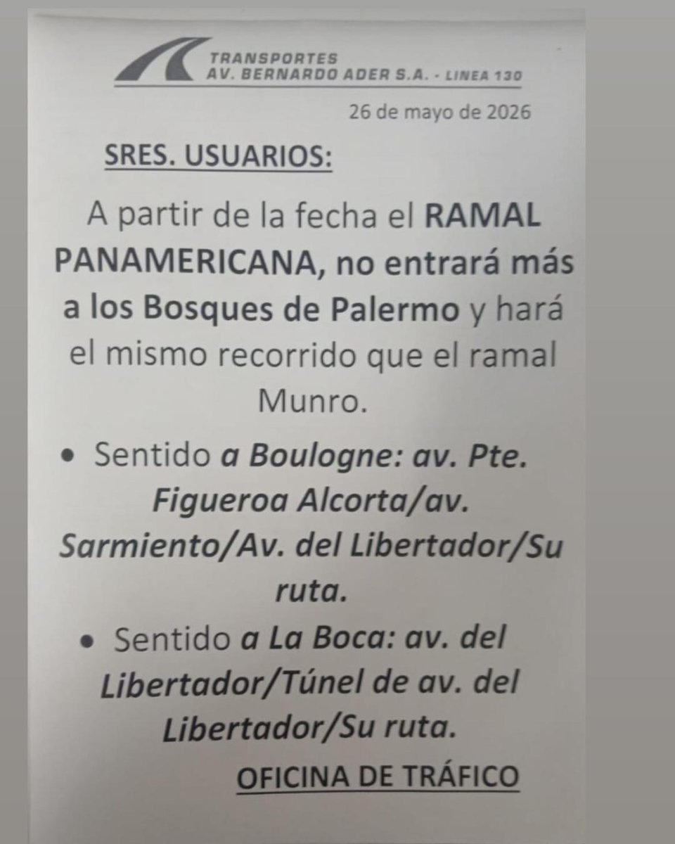 CiudadDeBondis's tweet photo. Desde este lunes, la #Linea130 ramal Panamericana abandonó su recorrido por los bosques de Palermo / GEBA y ahora va por Av. Libertador como el ramal x Munro https://t.co/i2W1oCT2P4
