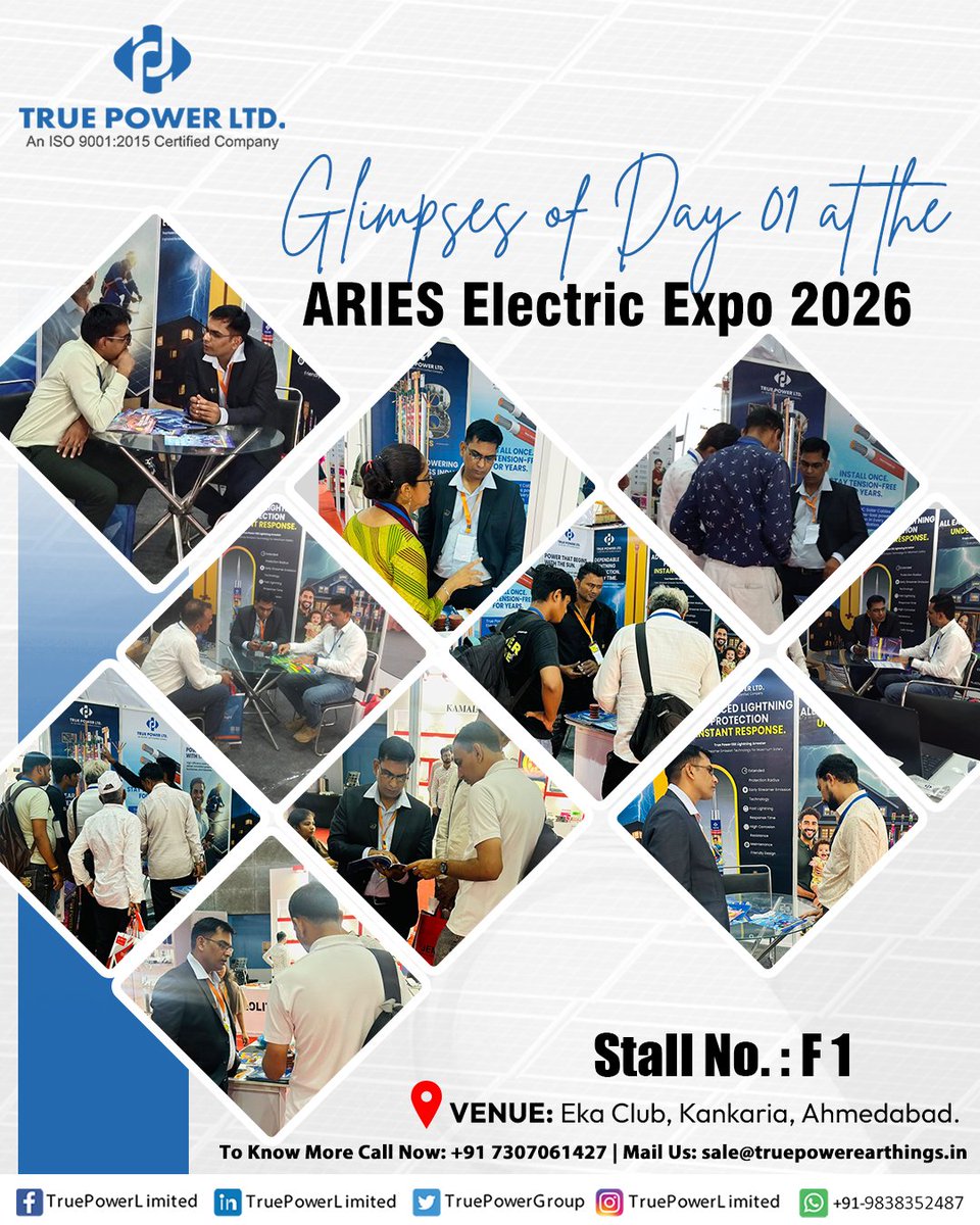 TruePowerGroup's tweet photo. ✨ Glimpses of Day 01 at ARIES Electric Expo 2026 ✨

📍 Stall No.: F1
📍 Venue: Eka Club, Kankaria, Ahmedabad

#arieselectricexpo2026 #EarthingSolutions #lightningprotection #ElectricalIndustry #AhmedabadExpo #IndustrialSafety #GroundingSolutions #Expo2026 #TruePowerLimited https://t.co/43Hzxvwsx2