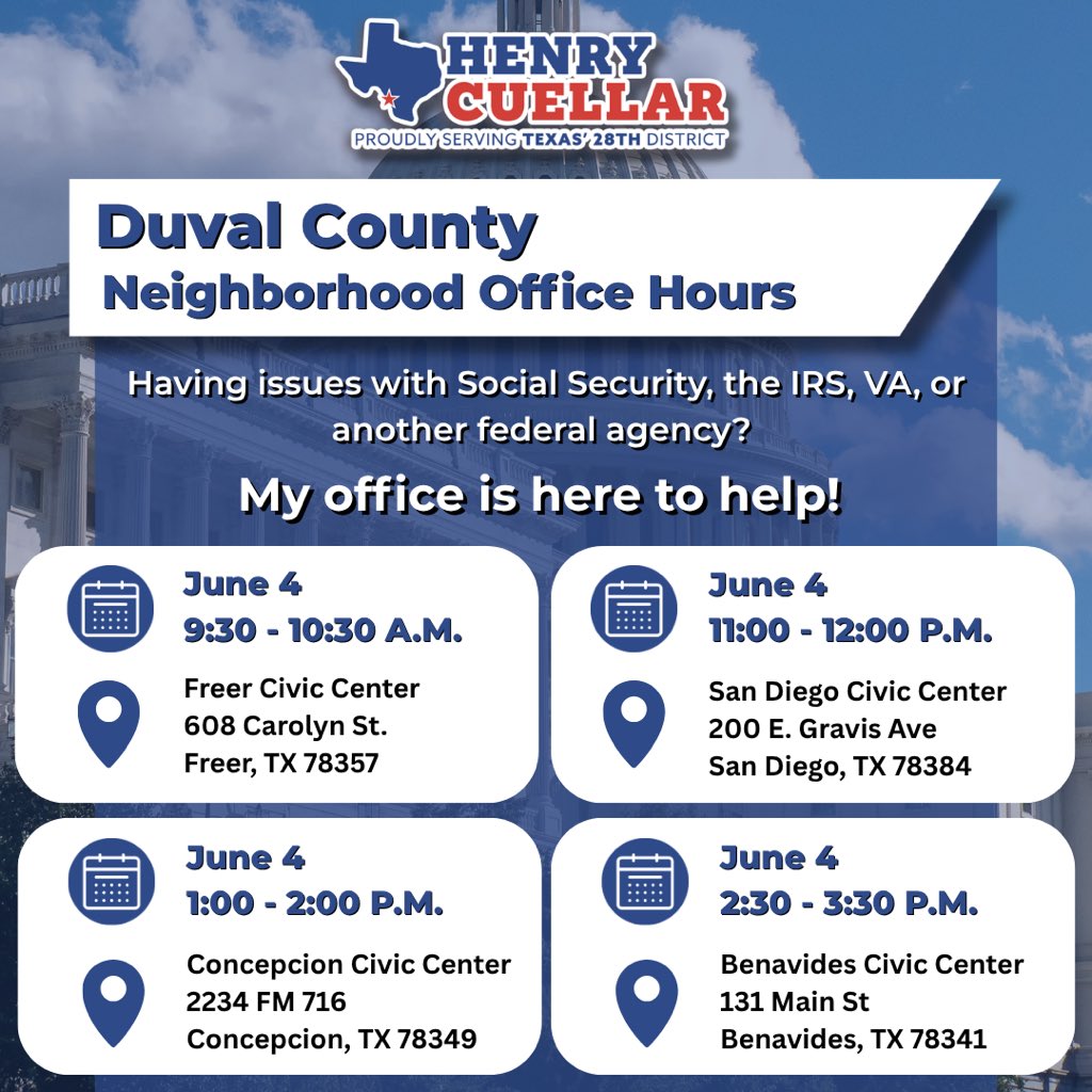 RepCuellar's tweet photo. Webb, Starr, Duval, and Jim Hogg Counties, my office is coming to your neighborhood next week!

We’re bringing constituent services directly to you. If you need assistance with a federal agency, whether it’s Social Security, veterans benefits, passports, or any other federal issue, my team is here to help.

Stop by, meet the staff, and get the support you need. We’re here to serve you and make sure your concerns are heard!
———
Condados de Webb, Starr, Duval y Jim Hogg,mi oficina estará en su comunidad la próxima semana!

Les llevaremos los servicios directamente a ustedes. Si necesitan ayuda con alguna agencia federal, como la del Seguro Social, los beneficios para veteranos, pasaportes o cualquier otro asunto federal, mi equipo estará ahí para ayudarles.

Venga a visitarnos, conoce al equipo y recibe la ayuda que necesitas. Estamos aquí para servirle y asegurarnos de que se escuchen sus necesidades!