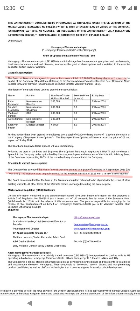 Riccardino999's tweet photo. #hemo #hemogenyx
More comedy from this shitco!
Grant of 1.2 million shares to the directors
Representing 20% dilution.....
They also had the nerve to extend the 3.5£ warrants granted to the original pump and dump group
CEO gets paid £300k to run this shitshow
Uninvestable https://t.co/ObJhaJCHbC