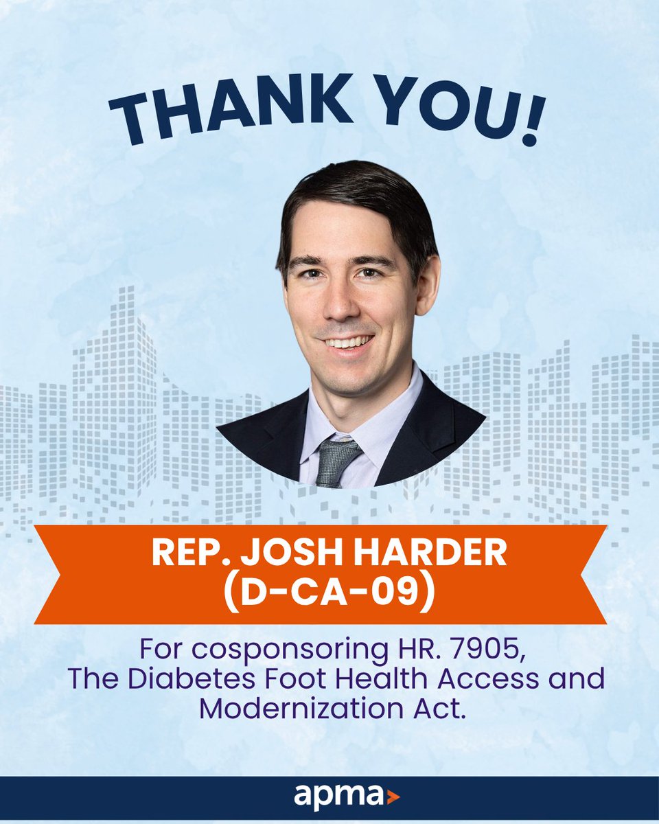 APMA's tweet photo. Thank you @repjoshharder for cosponsoring H.R. 7905, the Diabetes Foot Health Access and Modernization Act, which would reduce Medicare documentation burdens for therapeutic shoes and establish Medicaid coverage parity for podiatrists! #DiabetesCare https://t.co/IoKebufoxT
