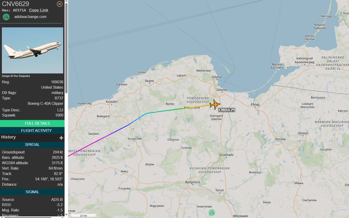 PolishMilRadar's tweet photo. 📅 29.05 🕒 16:40LT - 🇺🇸✈️ C-40A Clipper US Navy do Gdańska 🇵🇱

🇺🇸 Marynarka Wojenna Stanów Zjednoczonych #USNavy
✈️ Boeing C-40A Clipper "169036"
🛫 Baza Lotnicza Morón #LEMO 🇪🇸 
🛬 Gdańsk #EPGD 🇵🇱
#CNV6629 zniża ↘️
🔗 📅 29.05 🕒 16:40LT - 🇺🇸✈️ C-40A Clipper US Navy do Gdańska 🇵🇱

🇺🇸 Marynarka Wojenna Stanów Zjednoczonych #USNavy
✈️ Boeing C-40A Clipper (737-7AFC(WL)) "169036"
🛫 Baza Lotnicza Morón #LEMO 🇪🇸
🛬 Gdańsk #EPGD 🇵🇱
#CNV6629 zniża ↘️
🔗 Link do śledzenia w komentarzu ⬇️

#POLMILRADAR

#POLMILRADAR