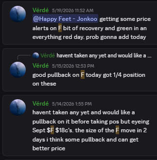 verdetrades's tweet photo. sweet move from $13s on $F in just a week https://t.co/J9XYhReTcQ