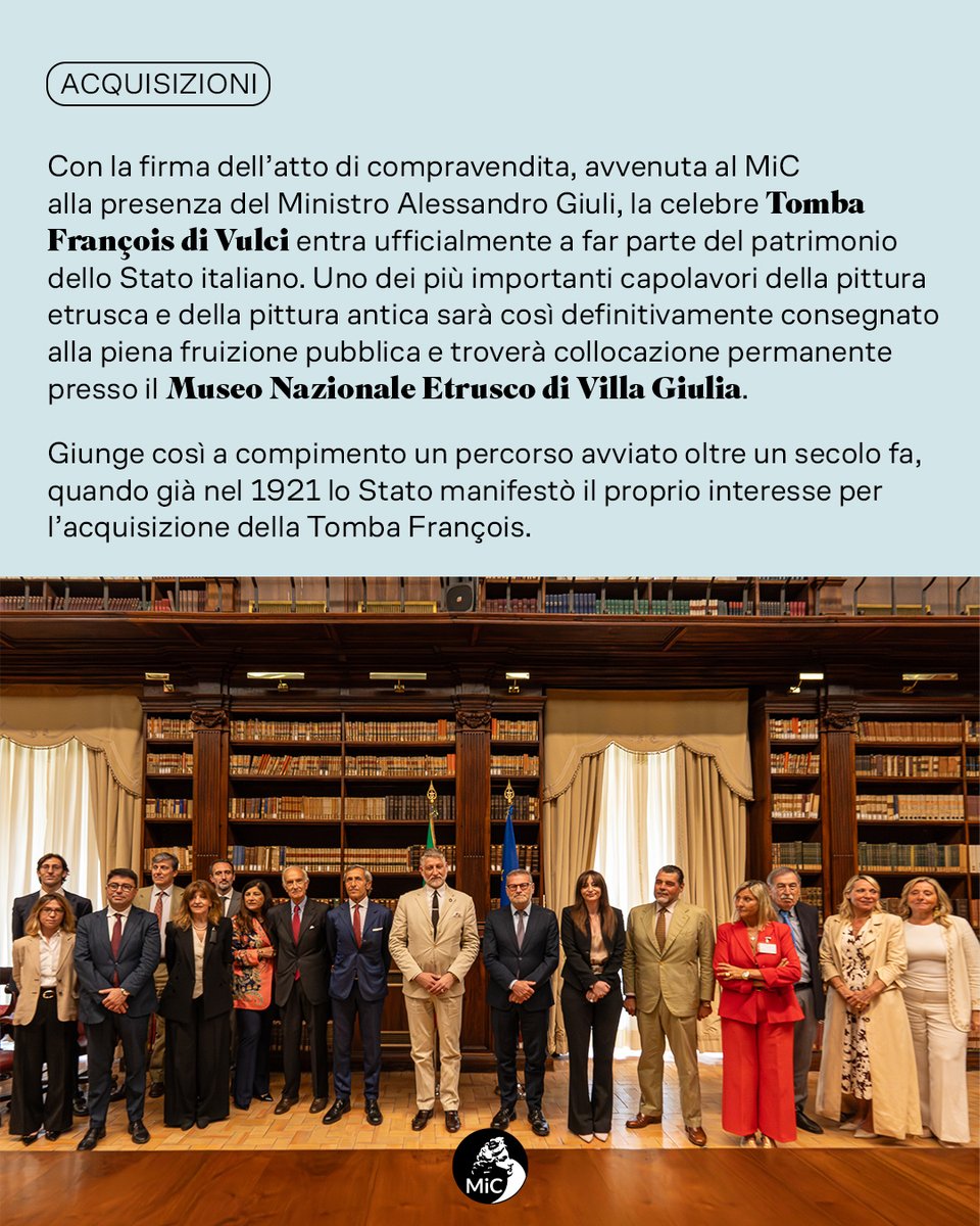 MiC_Italia's tweet photo. Con la firma dell’atto di compravendita, avvenuta oggi al Ministero della Cultura alla presenza del Ministro @AlessGiuli, la celebre Tomba François di Vulci entra ufficialmente a far parte del patrimonio dello Stato italiano. 
https://t.co/RISo75Shim https://t.co/raQaToGprP