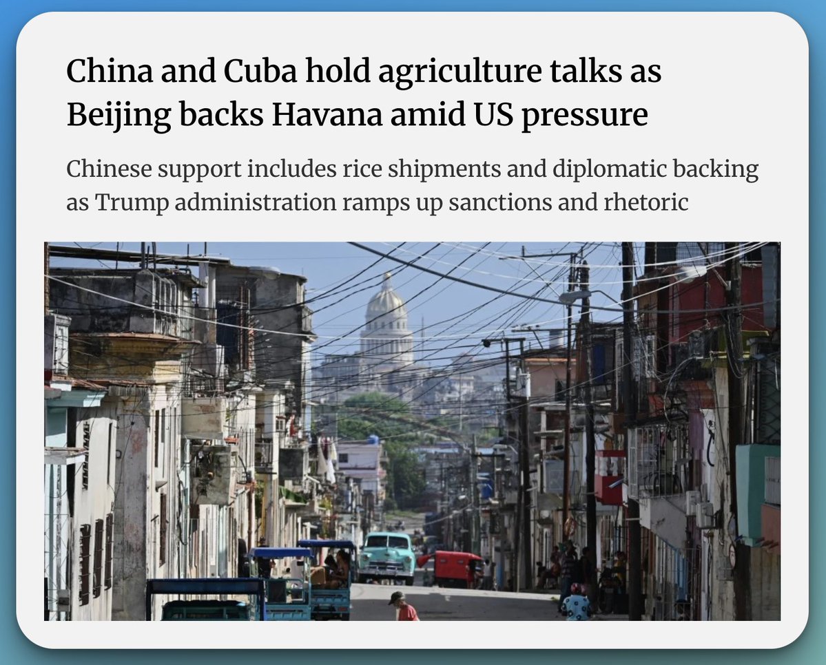 agent_of_change's tweet photo. The US bullies Cuba while China supports Cuba

Donald Trump tells reporters Cuba is “a failed country”, and says he expects to be “the one” who finally brings down the Cuban government. His secretary of state, Marco Rubio, declares from Florida that “Cuba has consistently posed a threat to the national security of the United States” – the standard preamble before regime-change wars.

The US Southern Command confirms that the USS Nimitz carrier strike group has entered the Caribbean. The Department of Justice unseals a federal indictment against Raúl Castro for events that took place 30 years ago (and which were comfortably within the limits of international law).

Meanwhile in Beijing, Chinese and Cuban officials sit down for vice-ministerial talks on expanding agricultural cooperation, framed around the construction of a Cuba-China community of shared future. On the same day, the first 15,000 tonnes of a 60,000-tonne Chinese rice donation arrive in Havana.

Cuba’s foreign minister Bruno Rodríguez calls the shipment “a new display of solidarity and brotherhood between both nations in the current difficult context for Cuba and the world”. President Díaz-Canel thanks Beijing publicly, writing on social media that the rice had been received “in the spirit of the firm political will to jointly build the Cuba-China Community of Shared Future”. Another 45,000 tonnes are on the way.

That is in addition to the comprehensive Chinese-financed plan to build 92 solar parks across Cuba by 2028, projected to cover roughly half of the island’s daytime electricity demand. Energy sovereignty – the direct dismantling of the central weapon Washington has been using to immiserate the Cuban people – is being built with Chinese investment and Chinese technology, on Cuban soil.

Chinese foreign ministry spokeswoman Mao Ning declared on Wednesday that “China firmly supports Cuba in safeguarding its sovereignty, security and development interests”. Her colleague Guo Jiakun, a week earlier, called for Washington to end “its blockade and all forms of coercion and pressure” against the island, denouncing the US habit of wielding “the big stick” against smaller countries.

This contrast captures the choice the world faces in 2026. A declining hegemon offers threats, blockades, war, sanctions, indictments and aircraft carriers; a rising socialist power offers rice, solar parks, capital, technology and the consistent diplomatic defence of sovereignty.

For the Cuban people, this is not an abstraction. It is the difference between blackouts and electricity, between hunger and food on the table, between a US-installed oligarchy and the right to determine their own future.

The US is desperate to bring about regime change in Cuba. Indeed it has been trying to crush Cuba for over 60 years, but it has only succeeded in making the Cuban people more resilient and more determined to resist. And Cuba is not alone.