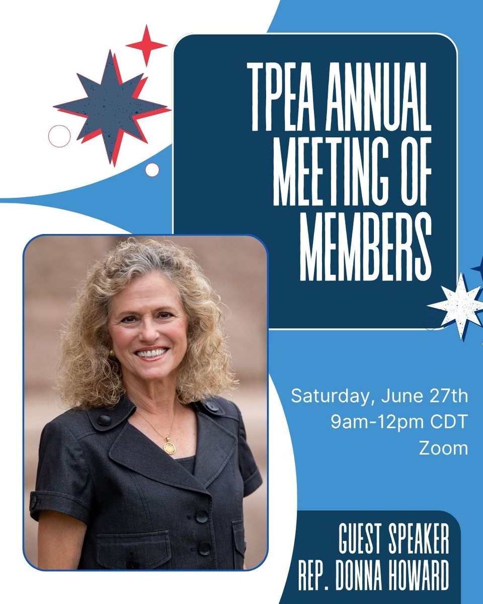 TPEA_Updates's tweet photo. TPEA MEMBERS!
If you haven't registered for the Annual Meeting yet, check your inbox for the link and code to sign up. Don't miss featured speaker, Rep. Donna Howard and all the news and info on what's ahead for TPEA. See you there! https://t.co/QqCnYPPQJh
