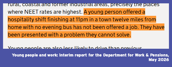 CBTransport's tweet photo. Powerful words in yesterday's NEETs report.

"If a young person cannot physically get to the college, the interview, the apprenticeship or the job, nothing else the system offers matters"

Need to fill gaps in the transport network &amp; make fares affordable.
https://t.co/y7D1bdNycq https://t.co/8PhWWD90Z3