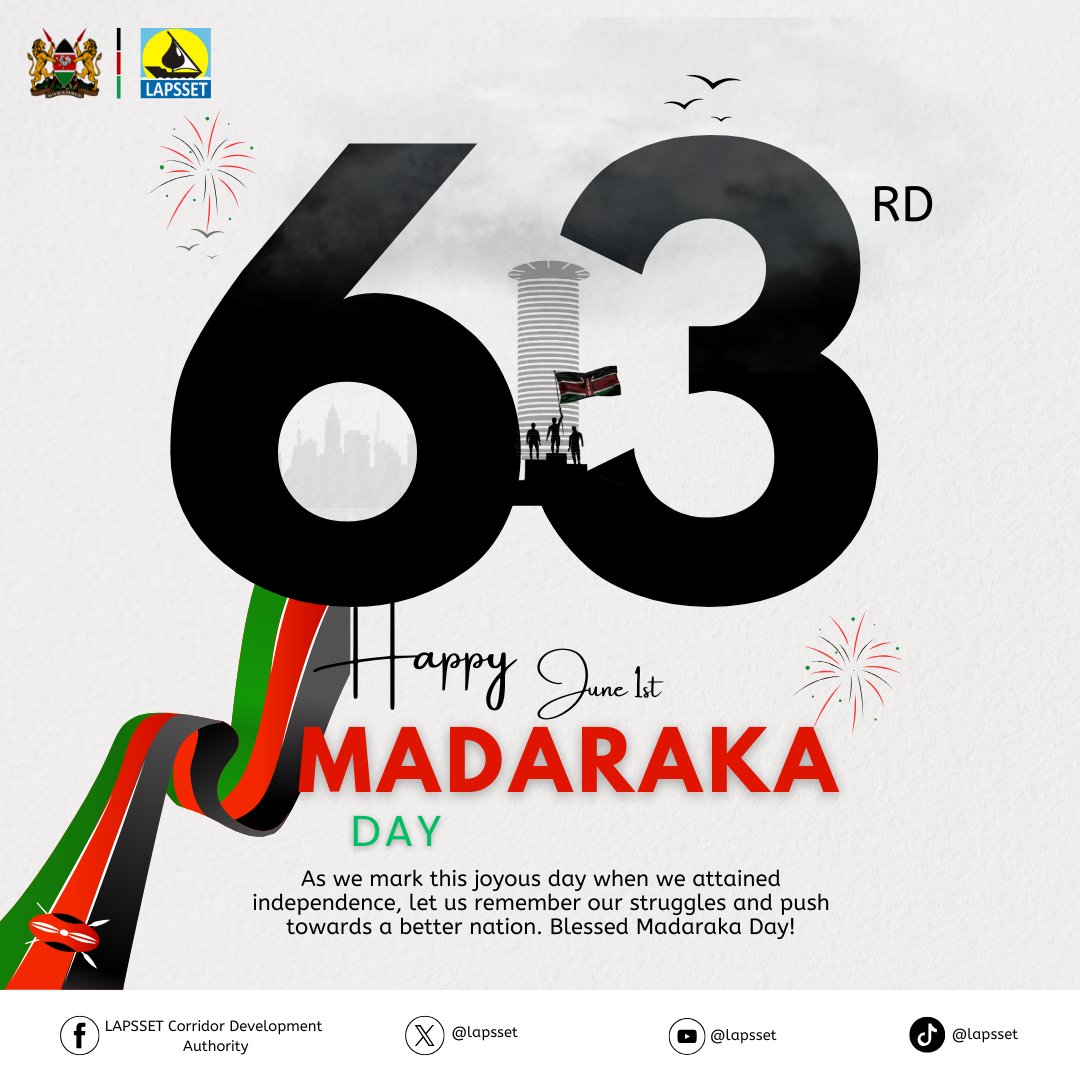 lapsset's tweet photo. Happy #MadarakaDay!
As we celebrate 63 years, we honor our shared journey and renew our commitment to building a better tomorrow for everyone. #LAPSSET remains dedicated to transforming lives through world-class infrastructure, while creating meaningful opportunities for our youth and future generations. May we continue too build education, empower skills and promote a future we all desire and hope for. 

#63rd #June1st #LAPSSETCorridor #Wajir #celebration #AfricaInfrastructure