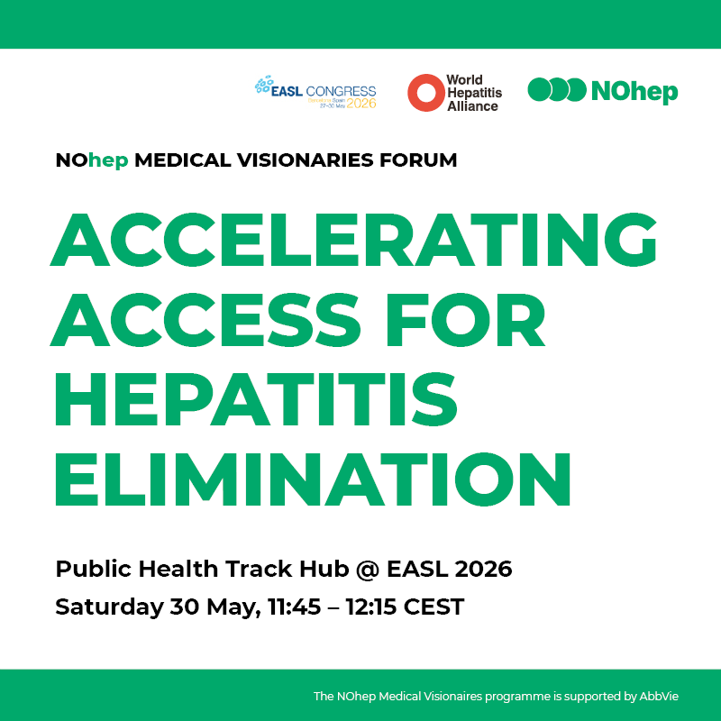 NO_hep's tweet photo. Tomorrow morning at EASL 2026, join us for the NOhep Medical Visionaries Forum with Maria Buti, Saeed Sadiq Hamid, and Dee Lee.

Only 36% of people with hepatitis C have been diagnosed, and of those, just 20% have received treatment. The cure exists but the barrier is access! https://t.co/t349f3gK3L
