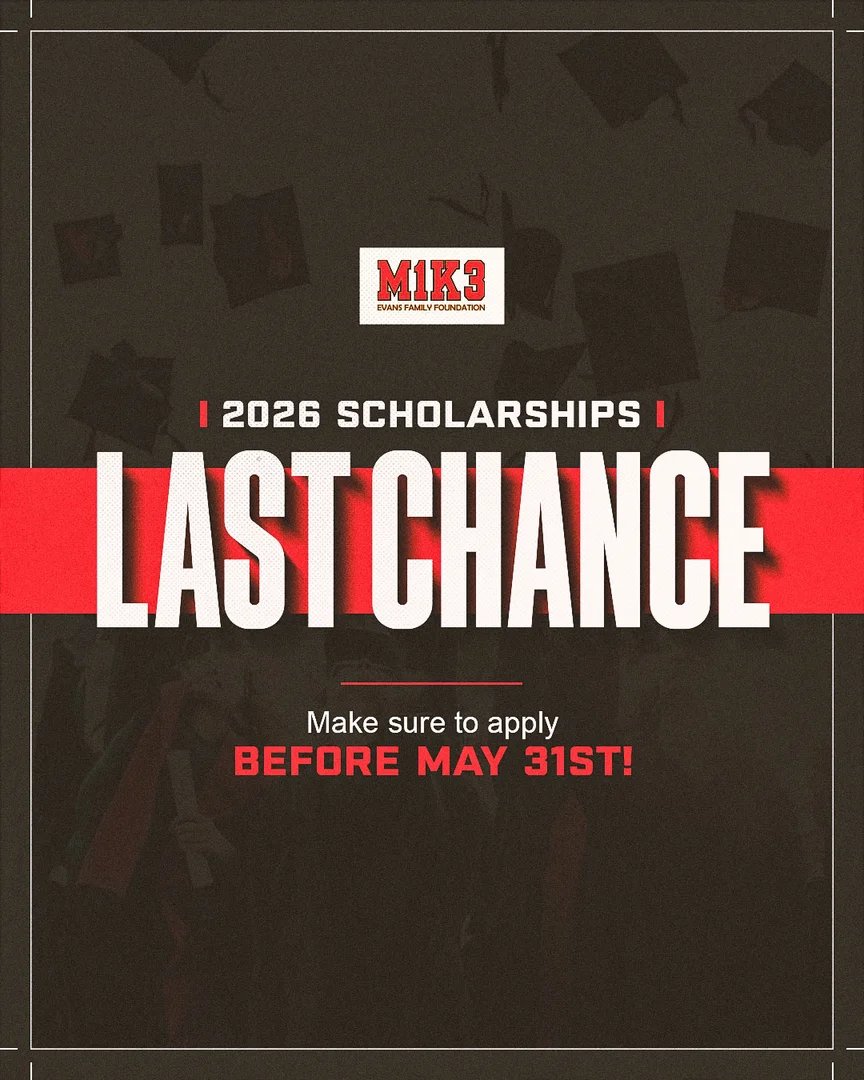 MikeEvansFamil1's tweet photo. May 31st is the ‼️ LAST DAY ‼️ to submit your Mike Evans Family Foundation scholarship applications!

Get those applications in! Have you completed yours yet?

Apply at the link in our bio. https://t.co/QvBKnhlSH9