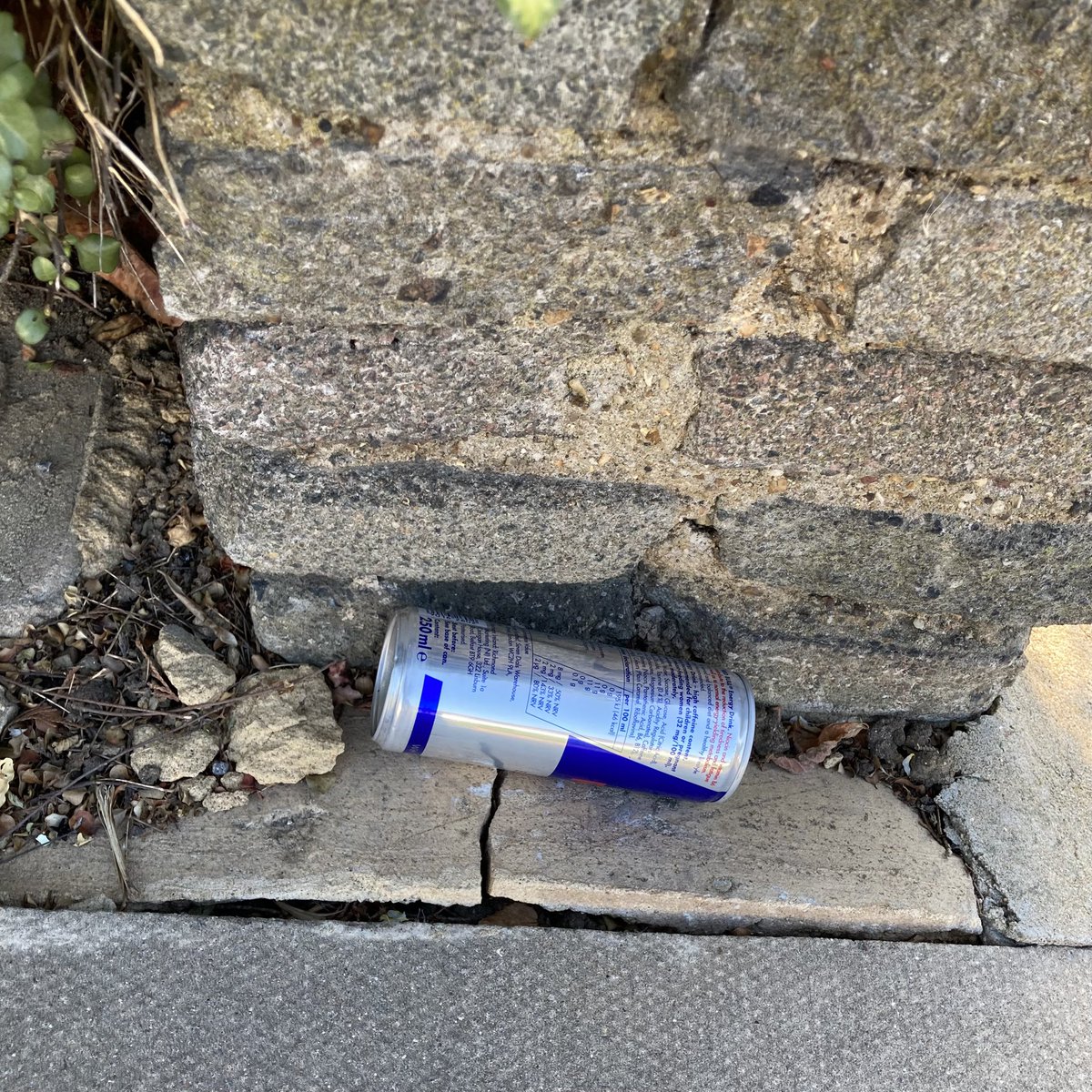 RedBullLitter's tweet photo. Red Bull can #1960: Next to a wall in Totteridge. #RedBull #Litter #LitterPicking #Recycling #KeepBritainTidy https://t.co/FxvzgBW84F