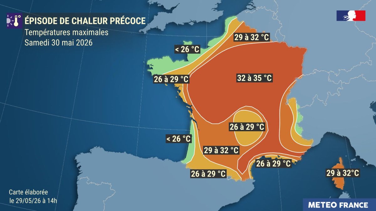 meteofrance's tweet photo. 🌡️ Comment évolue la chaleur ce week-end ?

Samedi : 32 à 35 °C entre la région parisienne, le Grand-Est, Rhône-Alpes et la Provence. 

Dimanche, les températures baissent (24 °C prévus à Paris, 26 °C à Bordeaux).

Point complet : https://t.co/D7bSPioJQZ https://t.co/PHi02LC30f