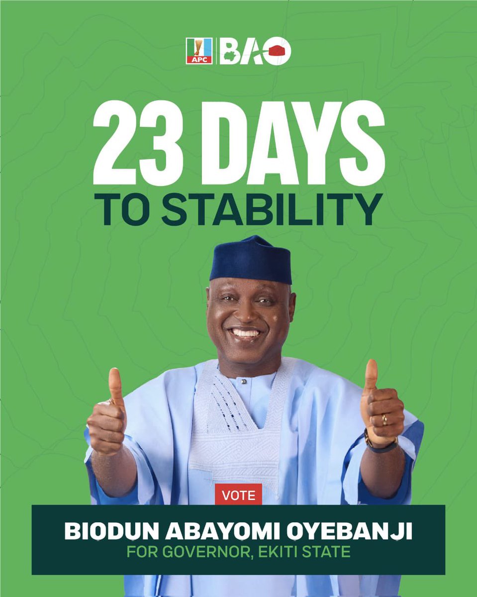 akinwale_cfi's tweet photo. It’s countdown to the re-election of the man of the people Governor @biodunaoyebanji of Ekiti State #BaoAgain https://t.co/LnyZhgCvKL