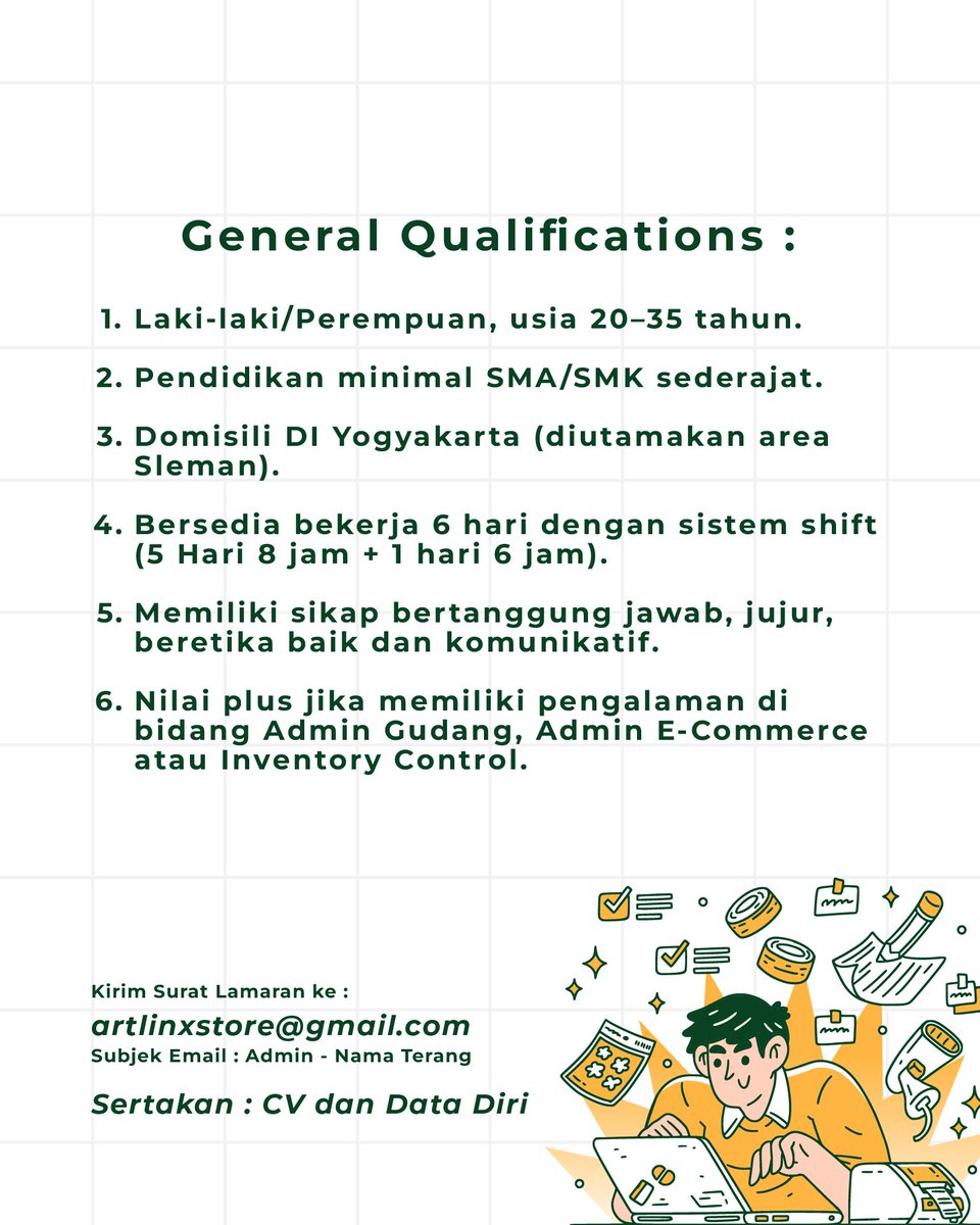 artlinx_store's tweet photo. Lowongan dibuka sampai dapat.

Kirim CV &amp; data diri ke : artlinxstore@gmail.com
Subjek email : Admin - Nama Terang

#artlinxstore #loker #lokerjogja #lokersleman #lowongankerja #lowongankerjajogja #lowongankerjasleman #lowonganadmin #lokeradmin #admininputdata #dataentry https://t.co/FvcQRjMaLC