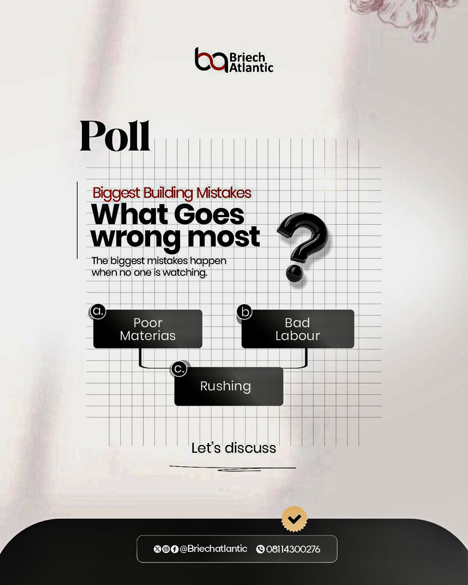 briechatlantic's tweet photo. What’s the biggest mistake in construction?

Cast your vote below or reply with your experience! 👇

#ConstructionTalk #BuildSmart #NigeriaConstruction #RealEstateTips #BriechAtlantic #Poll #eibgroup https://t.co/EcrdDLJ0VR