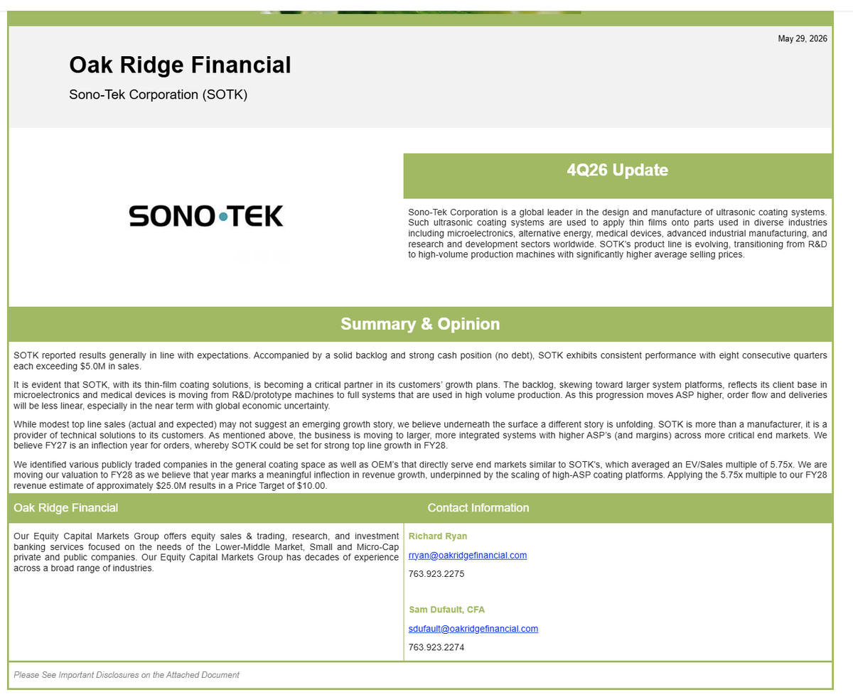10baggerPicks's tweet photo. $SOTK price target RAISED to $10 from $8.50 by the analyst who knows the company's business best.  
Dick Ryan has given me some of the best 10-baggers.  He is highly experienced (feet on the ground) and knowledgeable. 

"FY27 Guidance: Management anticipates continued revenue growth and profitability in 1H FY27 on a YoY basis, driven by expanding demand in the medical sector and continued adoption of high-ASP, production-scale coating systems across multiple end markets. Total FY27 revenue is currently projected to be relatively flat to modestly higher compared to FY26 as visibility beyond the first half remains limited due to continued uncertainty in certain clean energy sectors and the timing of high ASP customer orders, which can create significant shifts in quarterly delivery timing.
Valuation: Based on our estimates, we are affirming our Buy rating and increasing our PT to $10.00 from $8.50. Our revised PT is based on FY28 estimates (previously FY27 estimates) and an EV/Sales multiple of 5.75x, reflecting peer group valuations and our expectation that higher-ASP production systems will begin scaling meaningfully in FY28."