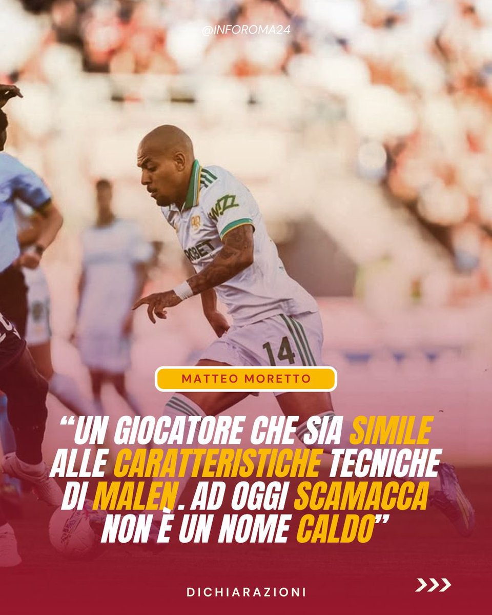inforoma24's tweet photo. 🟡🔴 Matteo Moretto ha delineato la vicenda #Scamacca e #ASRoma, specificando che i giallorossi vorrebbero un profilo più simile alle caratteristiche di #Malen e che quindi l’attaccante dell’#AtalantaBC non è una priorità.
📲: @FabrizioRomano & @MatteMoretto https://t.co/3EV0fgwkAM