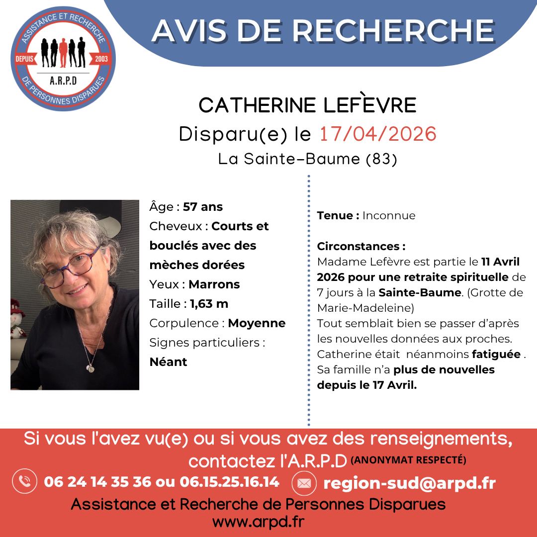 arpd_fr's tweet photo. [AVIS DE RECHERCHE]- Dossier ARPD
Catherine Lefèvre, 57 ans, a disparu depuis le 17 avril 2026 à La Sainte-Baume (83)
 Merci de contacter les enquêteurs de l’ARPD :
• 06 24 14 35 36
• 06 15 25 16 14 / region-sud@arpd.fr https://t.co/xrwCqua2AI