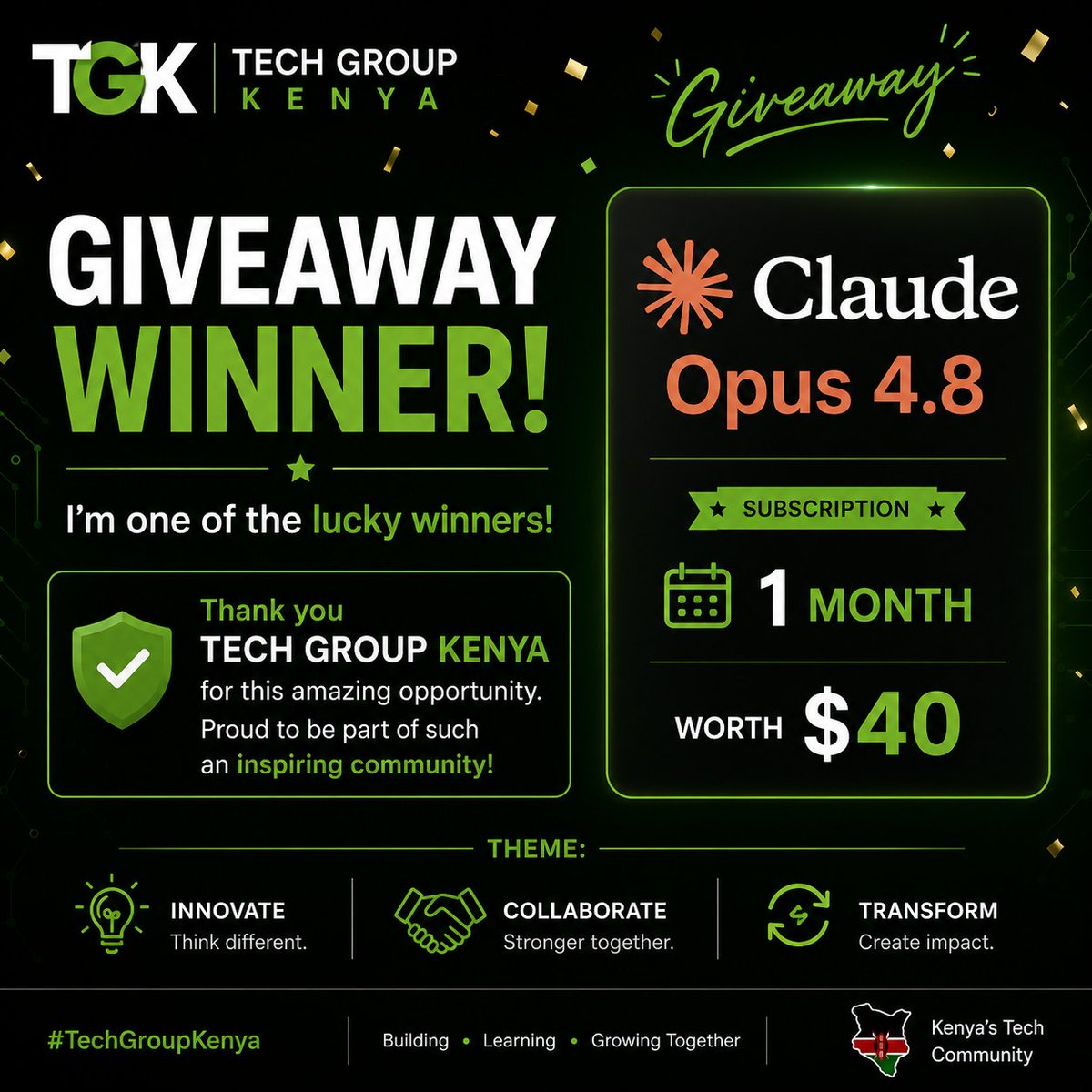 HavocRichie's tweet photo. Excited to be one of the winners of the Claude Opus subscription giveaway by @TechGroupKenya  🎉
Thank you to the Tech Group Kenya community for creating opportunities that empower learning and innovation.
Congratulations to the other winners as well:
@Deviana254 @opiyo_don https://t.co/9mm3vRX4WS