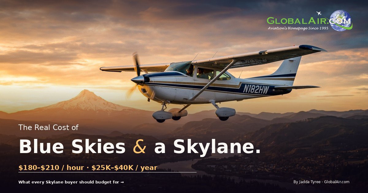GlobalairCom's tweet photo. Cessna 182 Skylane, real 2026 ownership math:

· $180–$210 per flight hour · $6.5K–$19.5K annual all-in · $35K–$85K overhaul reserve (O-470 vs IO-540) https://t.co/hitxiTMB7g