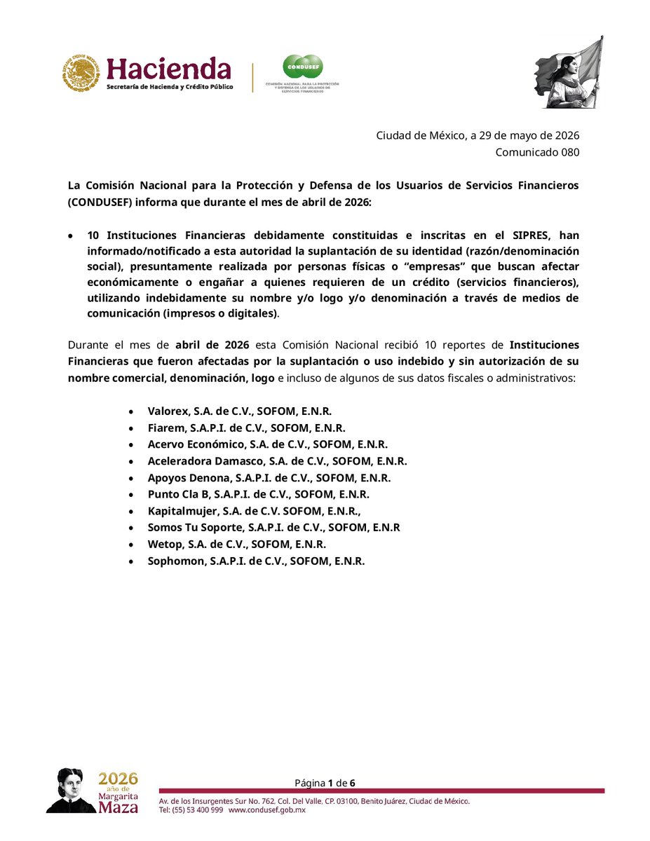 CondusefMX's tweet photo. ⚠️ ¡𝗔𝗟𝗘𝗥𝗧𝗔!
¿Estás buscando un crédito?, atención: 10 instituciones financieras reportaron que están usando sus nombres, logos e información para engañar. 
Comparte esta información con tus conocidos para que nadie caiga en el engaño.
👉#comunicado https://t.co/KQLtyl2ELM https://t.co/dbmDF9HOZM