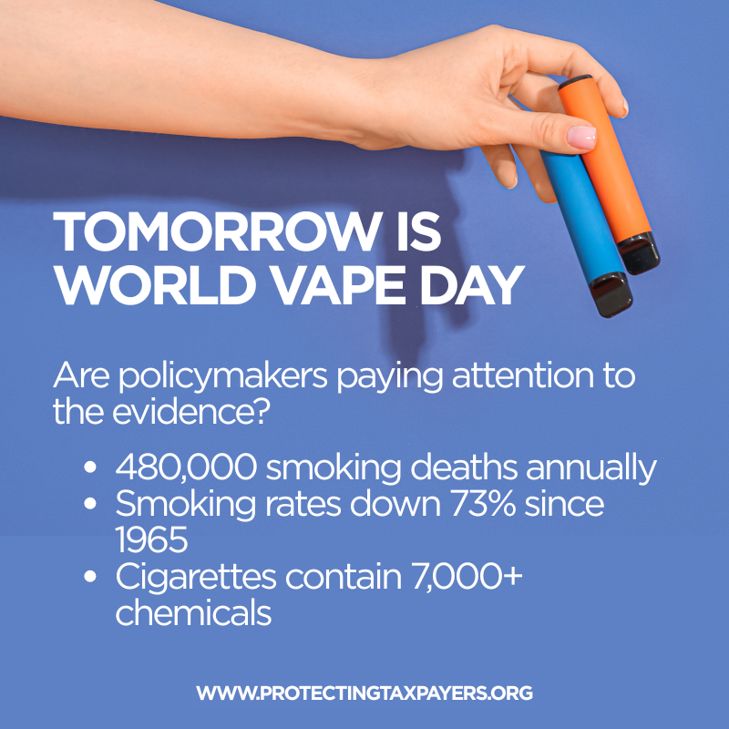 Protectaxpayers's tweet photo. 🚨Tomorrow is World Vape Day!

As governments around the world push higher taxes and more restrictions, it’s worth asking: are we making it easier or harder for adults to move away from cigarettes? 

https://t.co/kClA1lRDfl https://t.co/z564yFNsSd