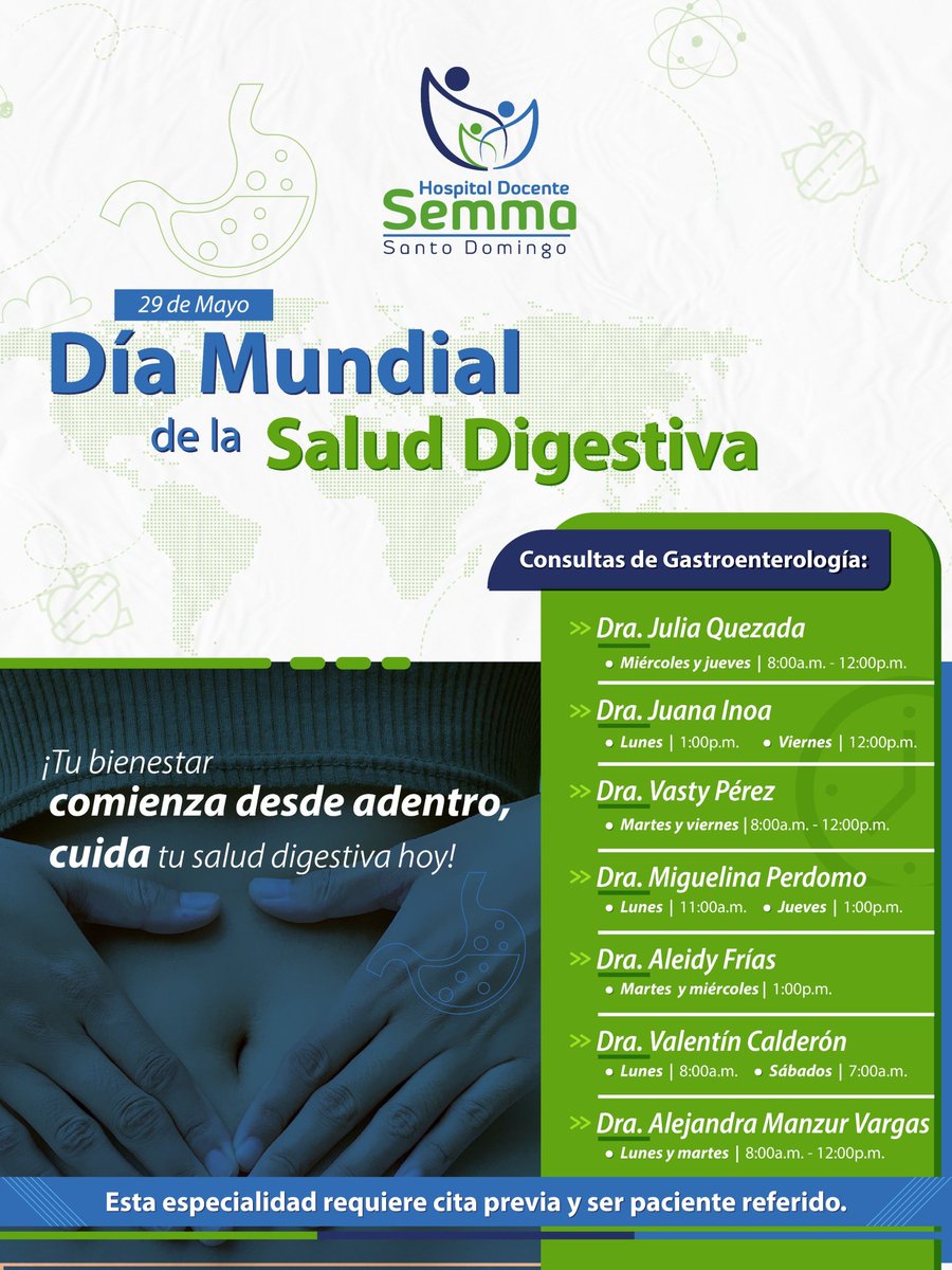 HospitalSemmaSD's tweet photo. Hoy, 29 de mayo, conmemoramos el Día Mundial de la Salud Digestiva, una fecha que nos invita a crear conciencia sobre la importancia de cuidar nuestro sistema digestivo mediante hábitos saludables, alimentación balanceada y chequeos médicos oportunos. 

 #SaludDigestiva #SEMMA https://t.co/QYMnDgJFsK
