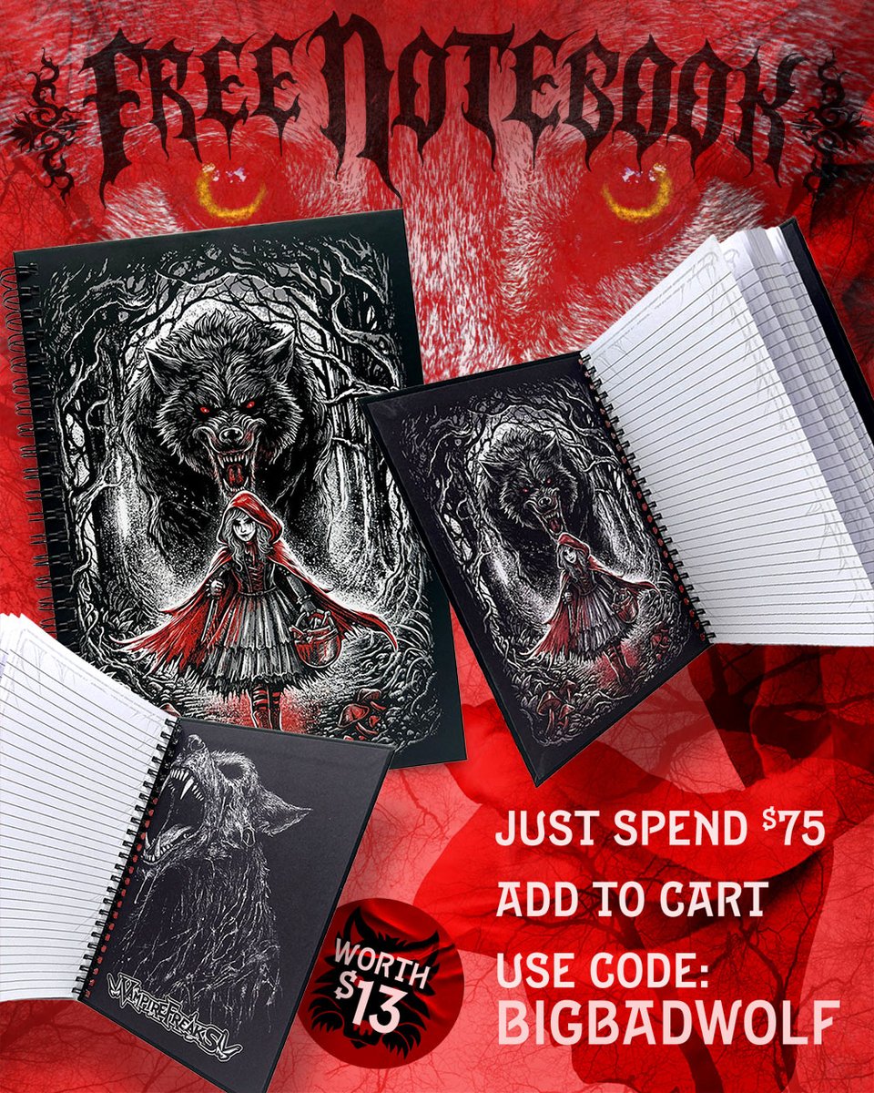 VampireFreaks's tweet photo. Beware the woods. Follow the trail to a FREE Little Dead Riding Hood Journal with $75+ orders! Just use code: BIGBADWOLF 📷📷

Each journal is worth $13! Offer ends soon.

No AI slop here. All of our art is made by mortals. https://t.co/IxwzP8TjZT