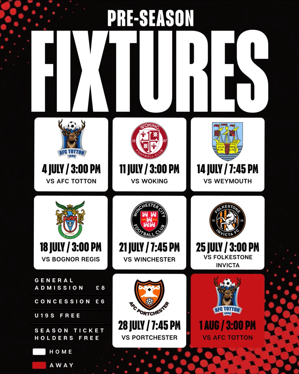 sholingfc's tweet photo. Our 2026/27 pre-season schedule is here 😍

With 7 home fixtures throughout July, there’ll be plenty of opportunities to get back down to the ground and see the squad in action ahead of the new season.

🎟 Home Match Admission
General £8 | Concessions £6 | U19s & Season Ticket Holders - FREE

Full fixture details below 👇