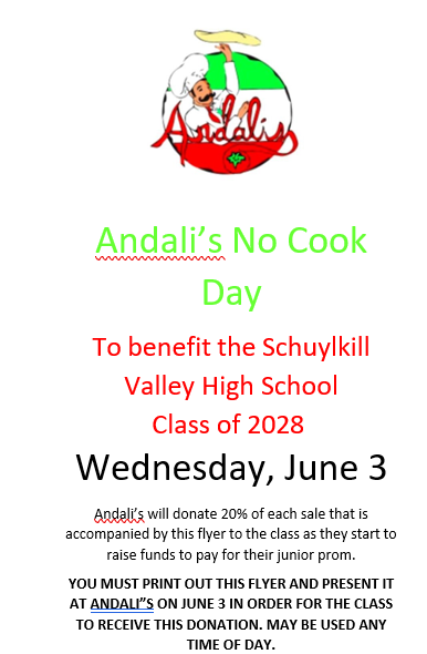 SV_Panthers's tweet photo. 🖨 Print this flyer and present it at Andali's on Wednesday, June 3, to help the Class of 2028 fundraise for prom.
#PantherPride https://t.co/CLwbceWksd