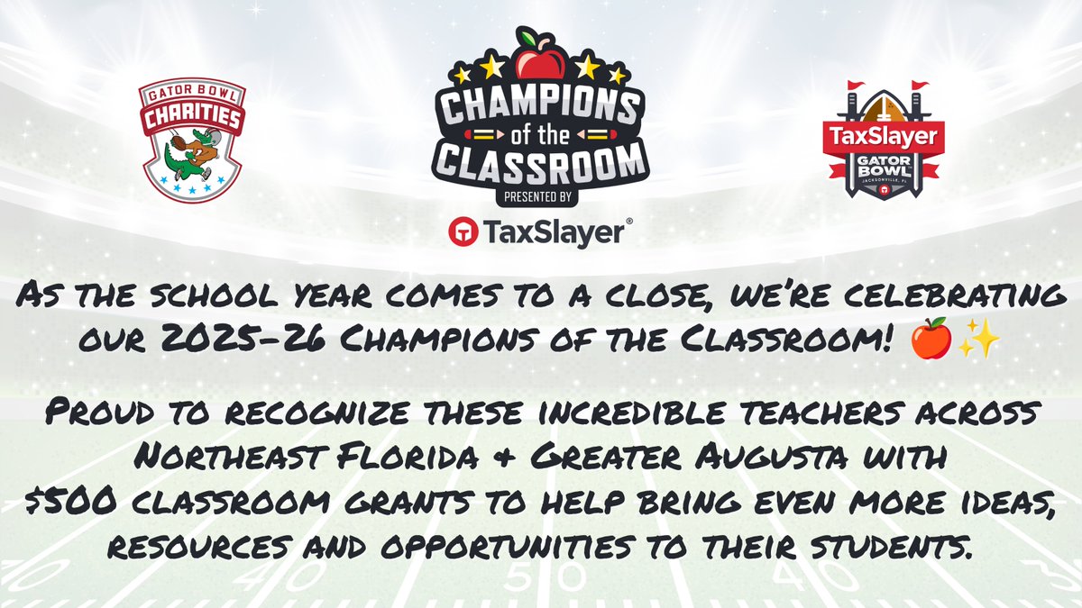 taxslayerbowl's tweet photo. Celebrating our 2025-26 Champions of the Classroom! 🍎✨

We can’t wait to see the continued impact these teachers will make in their classrooms &amp; community next school year! https://t.co/VfbkHElbcZ