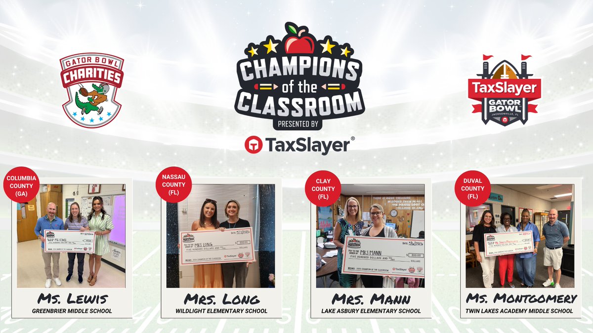 taxslayerbowl's tweet photo. Celebrating our 2025-26 Champions of the Classroom! 🍎✨

We can’t wait to see the continued impact these teachers will make in their classrooms &amp; community next school year! https://t.co/VfbkHElbcZ