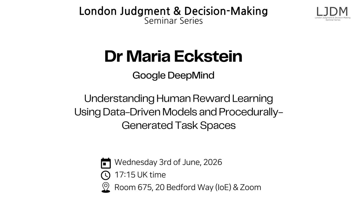 LJDM1's tweet photo. Next Wednesday (June 3rd) is our second last seminar of the term. We are excited to have Dr @eckstein_maria from @DeepMind join us to talk about overcoming issues of generalisability in using RL in cognitive tasks (full details https://t.co/PRaCeK0kVh). All are welcome in person! https://t.co/phZj5CGO2n