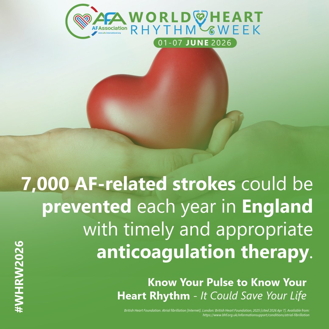 AtrialFibUK's tweet photo. Around 7,000 AF-related strokes could be prevented every year in England with timely diagnosis and appropriate anticoagulation therapy. Know Your Pulse to Know Your Heart Rhythm - It Could Save Your Life. Find out more at https://t.co/gVPH2XreUP
#WHRW2026 https://t.co/EHe0R0YF7M